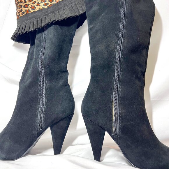 Hot In Hollywood-Black Leather Over Knee 4" Heels-Cheetah Print Inside-Ruffle-6M - Picture 5 of 16